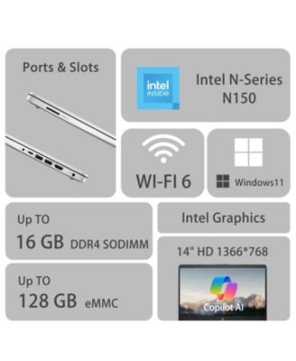 Essential 14" Traditional Laptop Intel N-Series 8GB RAM Intel Graphics 128GB eMMC Storage Windows 11 Home 60Hz