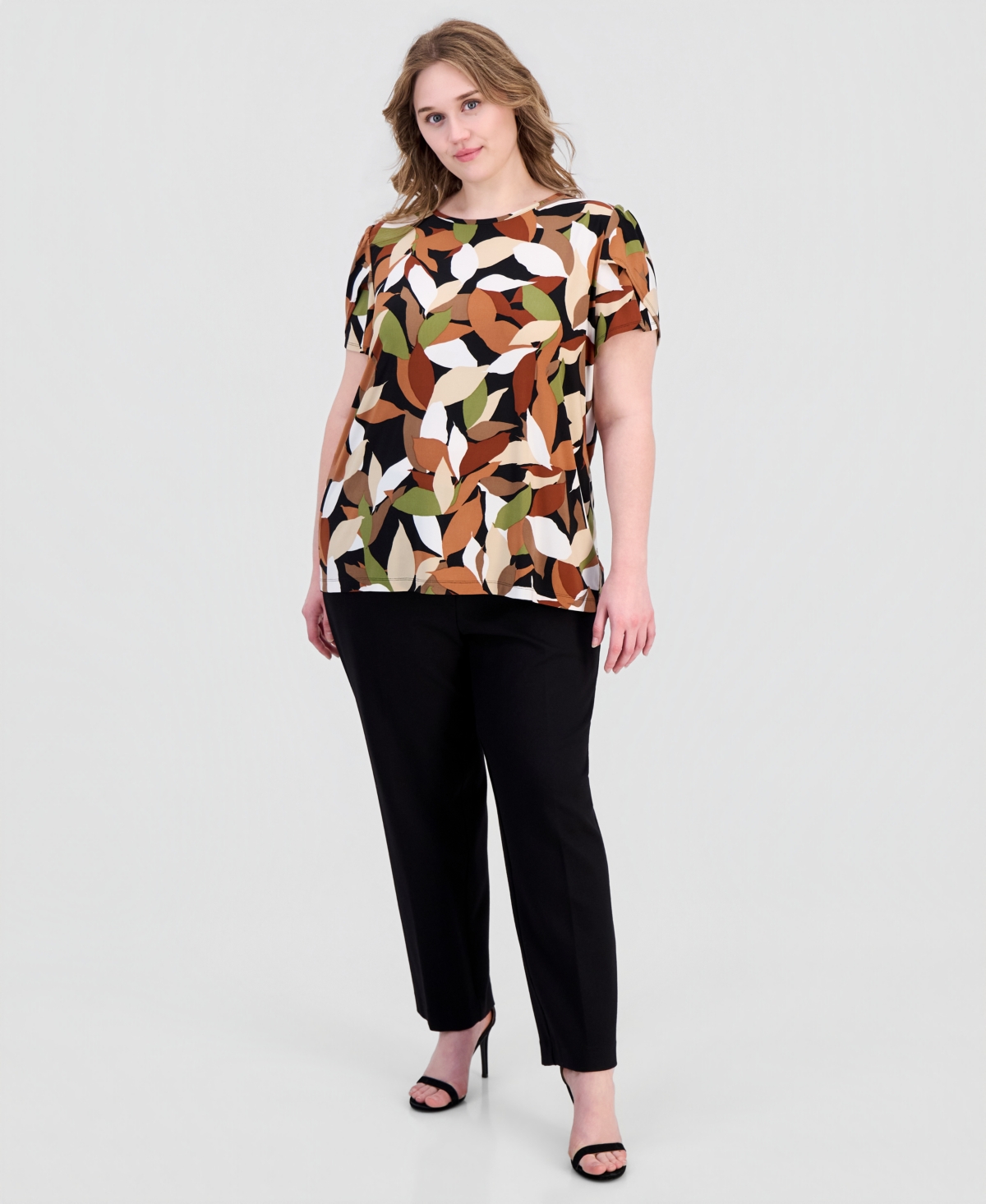 Anne Klein Essentials Plus Size Printed Tulip-Sleeve Top