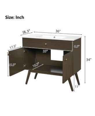 36 Inch Modern Freestanding Bathroom Vanity with Soft Close Doors, Striped Cabinet and Ceramic Sink for Luxury Storage