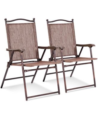 Set of 2 Folding Patio Furniture Sling Back Chairs Outdoors brown