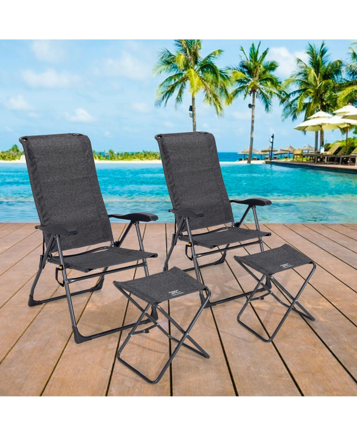 Gymax 4PCS Folding Patio Recliner Chair and Ottoman Set w/ Adjustable Backrest