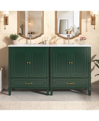 60 Inch Double Sink Bathroom Vanity, Freestanding Vintage Cabinet, Acacia Wood and MDF, Soft Close Doors, Ceramic Top, Ample Storage