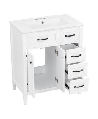 30 Inch Bathroom Vanity with Sink, Modern Freestanding Cabinet, Solid Wood Legs, Ceramic Top and 3 Drawers Storage