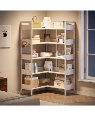 5-Tier Convertible Retro Corner Bookshelf, Dual Splicing Modes Display Storage Shelf