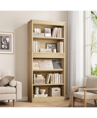 Tall Vintage 5-Tier Wooden Bookshelf with Double Fluted Design