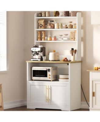 Microwave Stand Bakers Rack Cabinet, Farmhouse Bakers Rack with Power Outlet with Thickened Counter, Freestanding Small Kitchen Bakers Rack