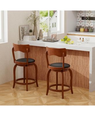 Swivel Bar Stools Set of 4 w/ Rubber Wood Frame Upholstered Seat Footrest