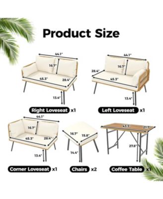 6 Pieces Outdoor Patio Furniture Set with Table, All-Weather Boho Wicker Rattan Patio Sectional L-Shaped Sofa, Metal Frame, Detachable Cushions