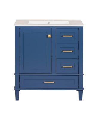 Sage Green Bathroom Vanity with Ceramic Sink, Freestanding Solid Wood MDF Cabinet, 3 Drawers Soft Close Door for Small Bathrooms