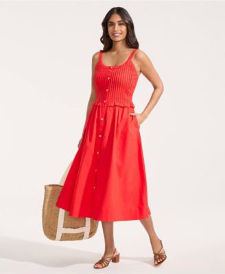 Women's Linen Blend Pintuck Tank Midi Dress