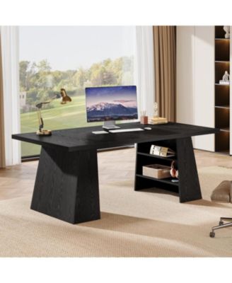 63-Inch Executive Desk, Modern Desk with Double Pedestal and Storage Shelves, Simple Large Computer Writing Table