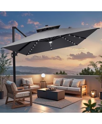 Outdoor Patio 10X13FT Aluminum Double Canopy Led Solar Lights Cantilever Umbrella