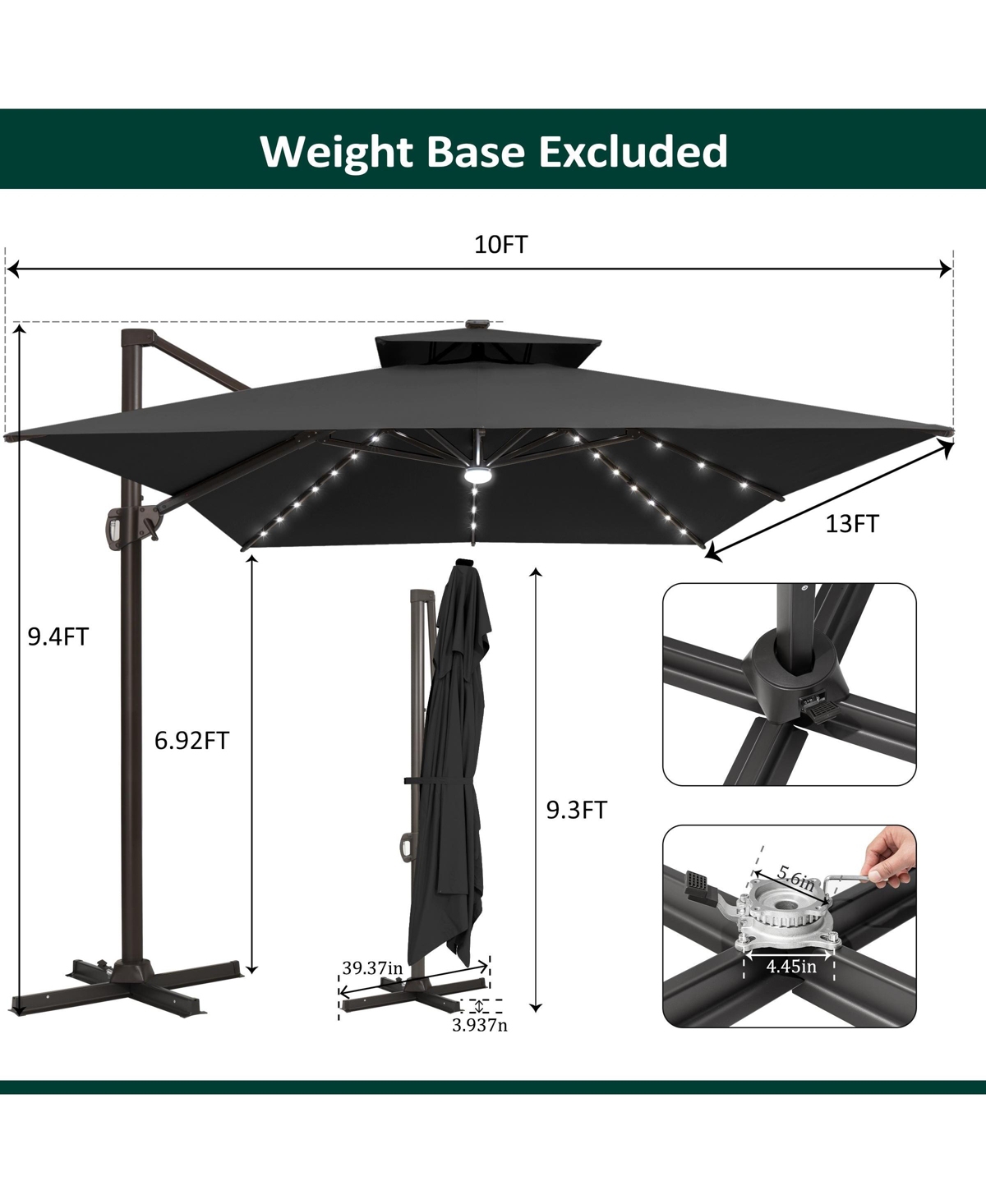 Pellebant Outdoor Patio 10X13FT Aluminum Double Canopy Led Solar Lights Cantilever Umbrella