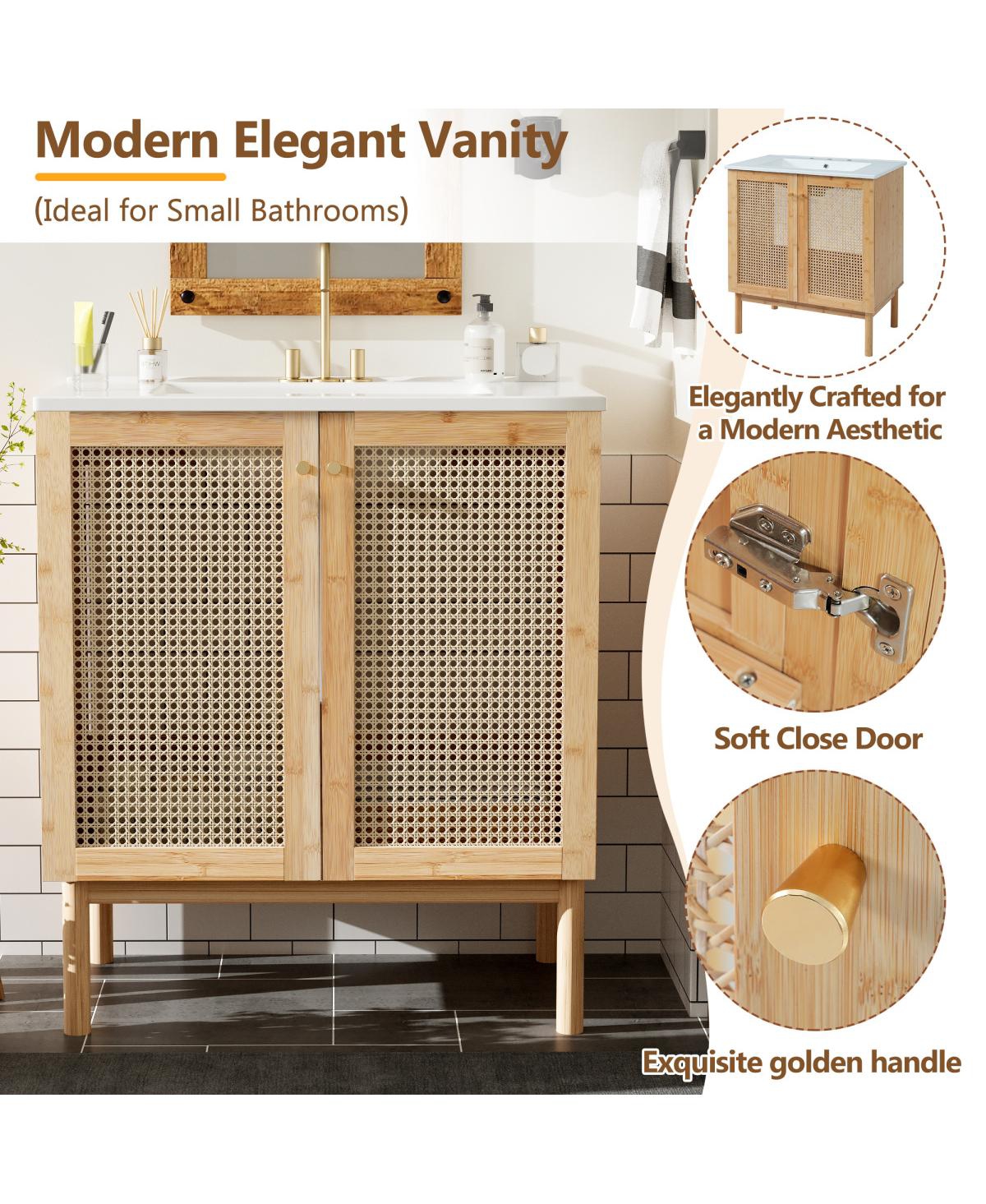 Sillysis 30"Bathroom Vanity with Ceramic Sink, Bamboo Frame & Rattan Doors, Ample Storage for Modern Small Space