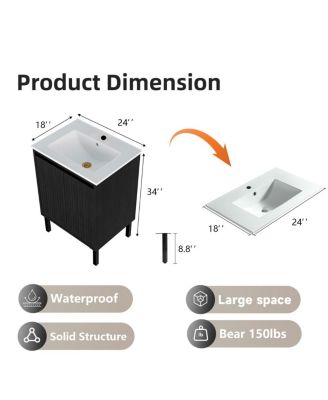 24" Bathroom Vanity with Sink, Floor Standing or Wall Mounted, Large Storage Waterproof Cabinet for Small Bathroom
