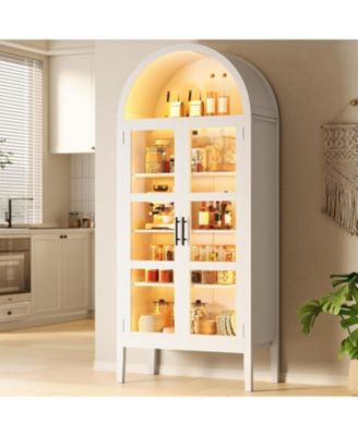 70 in Tall Arched Kitchen Pantry Cabinet with LED Lights, Modern Wood Arched Bookshelf with Glass Doors and Adjustable Shelves