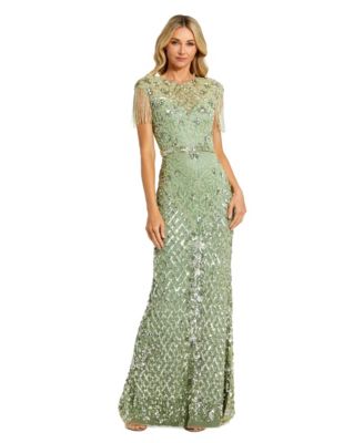 Petite Beaded Fringe High-Neck Fitted Evening Gown