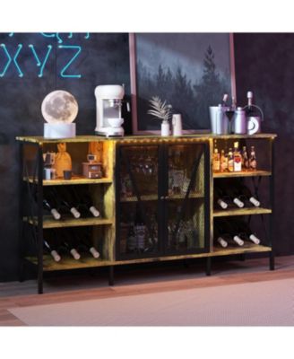 Farmhouse Wine Bar Cabinet with Wine Rack and Glass Holder, Industry Coffee Bar with Led Light, Metal Sideboard and Liquor Table Cabinet,Mesh