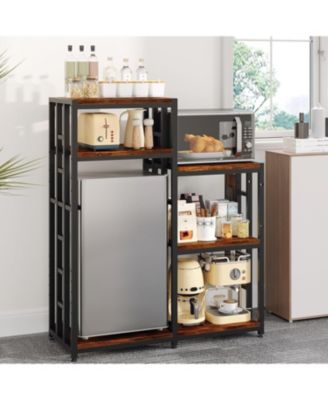 Tier Adjustable Mini Fridge Stand with Storage Shelf, Heavy Duty Kitchen Rack with 3 Power Outlets And Air Switch, Microwave and Coffee Bar