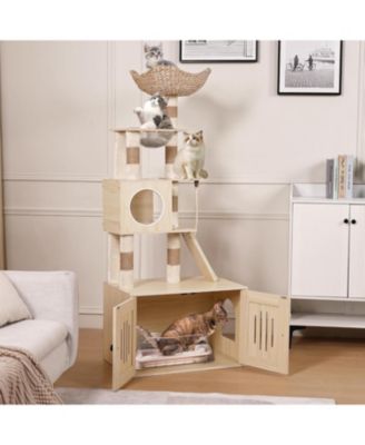 Cat Tree with Litter Box Enclosure, Hidden Washroom Litter Box Tree with Sisal Scratching Post and Soft Plush Perch, Wooden Cat Furniture