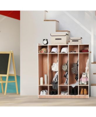 5-Section Glazed Coat Locker Storage Cabinet, 5 Large Cubbies with Hooks And 10 Small Cubbies, Classroom Coat Locker with 4 Hidden