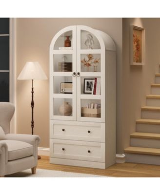 72" Tall Arched Kitchen Pantry Cabinet - Farmhouse Freestanding Storage Cupboard with Wooden Doors & Drawers - Thickened Shelves, Large Display