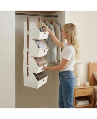 4 tier hanging closet organizer with non woven fabric shelves and collapsible baskets-space saving storage for bedroom, dorm, or RV.