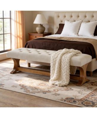 55" Upholstered End of Bed Bench, Solid Wood Tufted Entryway Bench, Farmhouse Ottoman with Cushion