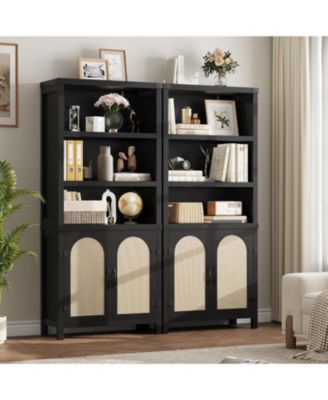 70'' farmhouse bookshelf with door, three levels of open storage, floor standing display shelves and bookcase for home organization.
