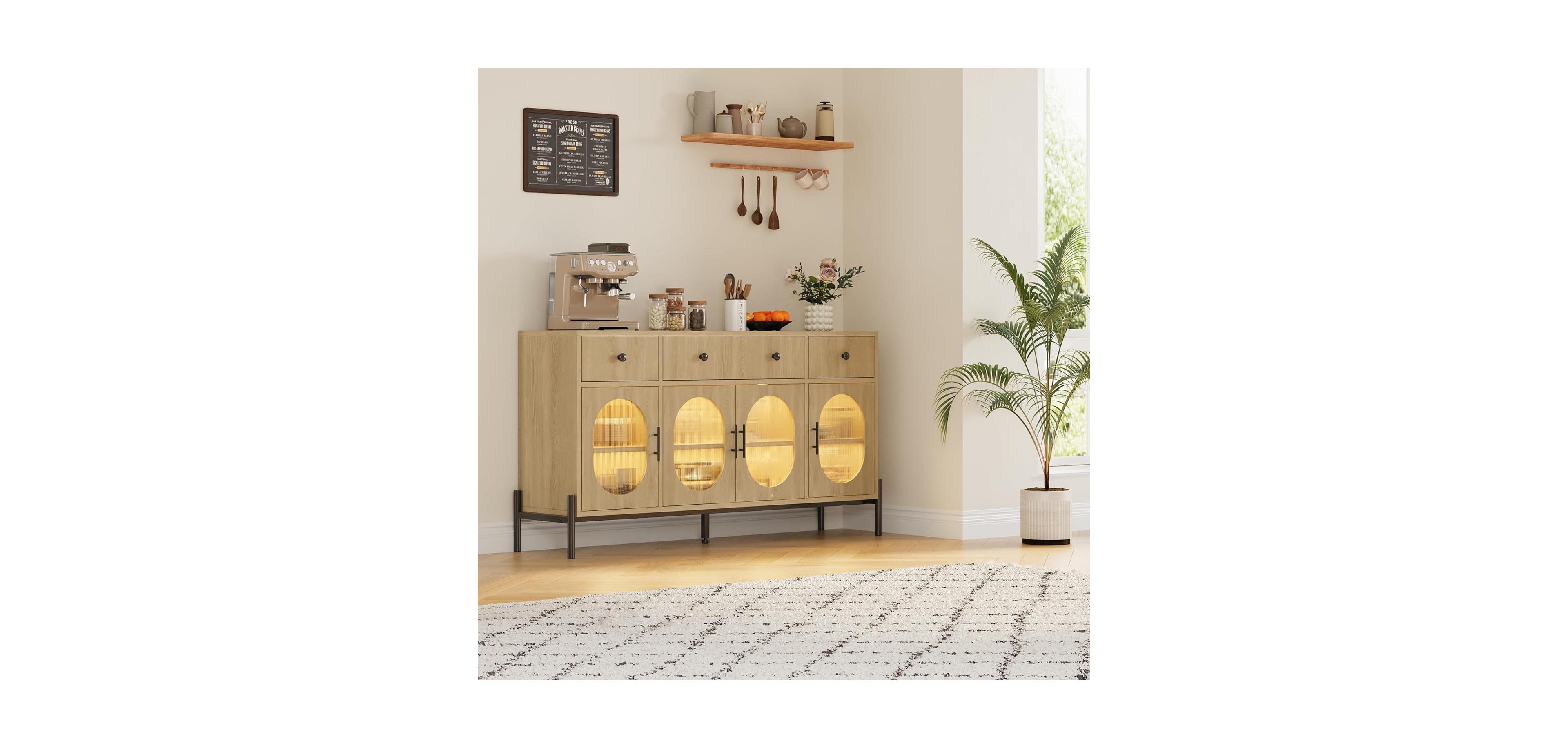 gaomon 62" Modern Sideboard Buffet Cabinet – Large Storage Console Table with Adjustable Shelves and 3 Drawers and 3 Glass Doors for Dining Room