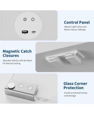Glass Display Cabinet 4-Tier, Curio Bookcase Cabinets with Glass Doors, 3 Color Lights, Human Body Sensor & Charging Ports, for Living Room