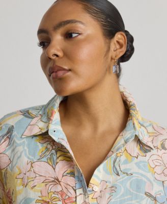 Plus Size Relaxed-Fit Floral Linen Shirt