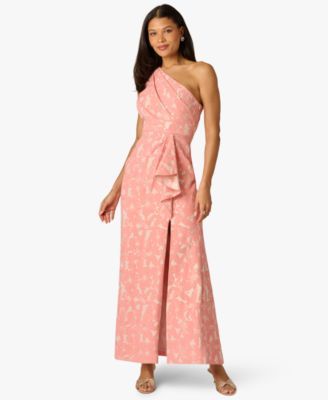 Petite One Shoulder Floral Jacquard Draped Gown