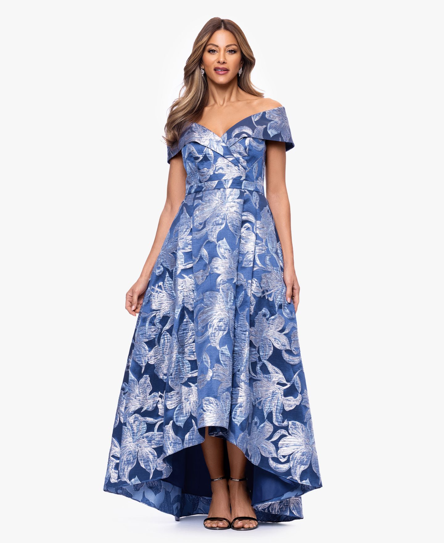 Женские платья XSCAPE Off-The-Shoulder V-Neck Gown, цвет: Синий серебряный — фото 1