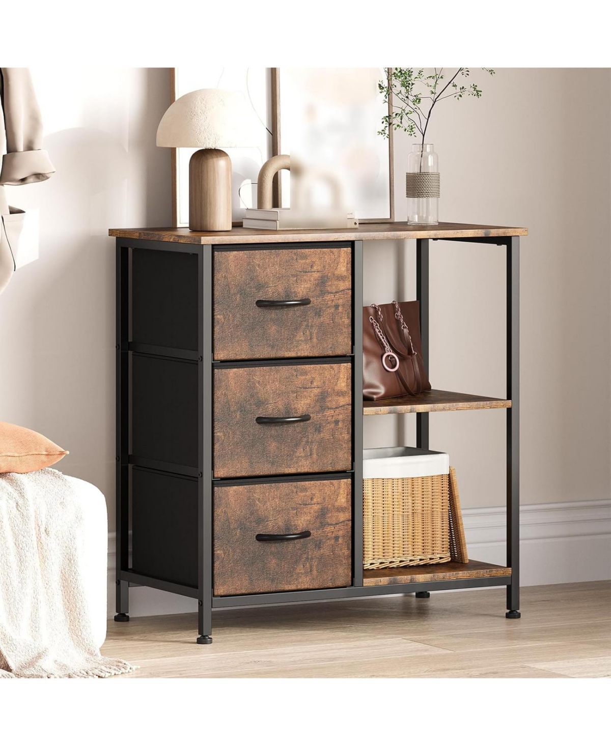 gaomon 3 fabric file cabinet and printer stand with open shelf and steel frame-compact under desk organizer. - Rustic brown