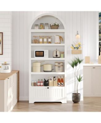 71" Tall Arched Pantry Cabinet, 6-Tier Freestanding Bookshelf with Drawer and Anti-Tip