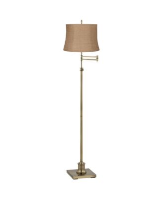 Swing Arm Floor Lamp Adjustable Height 70" Tall Antique Brass Burlap Fabric Drum Shade for Living Room Reading Bedroom
