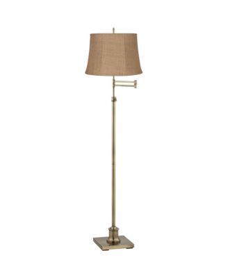 Swing Arm Floor Lamp Adjustable Height 70" Tall Antique Brass Burlap Fabric Drum Shade for Living Room Reading Bedroom