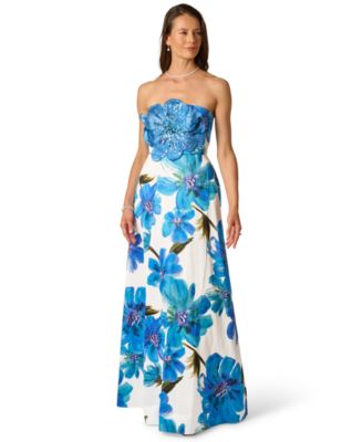 adrianna papell women's beaded long 3d floral dress Adrianna Papell 3D Floral Hand-Beaded One-Shoulder Long Column Gown In  Moonscape