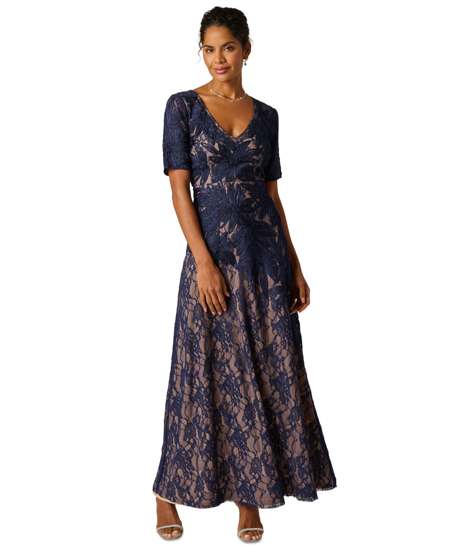 Women's Short-Sleeve Lace Soutache Embroidered Gown