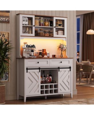 72" Farmhosue Bar Cabinet with Sliding Barn Door, Large Kitchen Buffet with Hutch Wine with Charging Station, 2 Drawers, 8 Storage Shelves