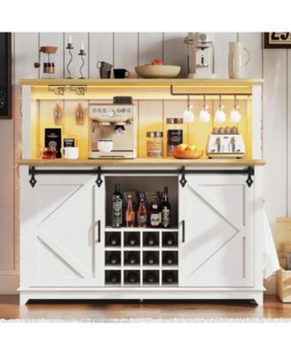 Hetoy Farmhouse Coffee Bar Cabinet 55" Tall with Sliding Barn Door, LED Light, Power Outlet - Storage Drawers, 12-Bottle Wine Rack