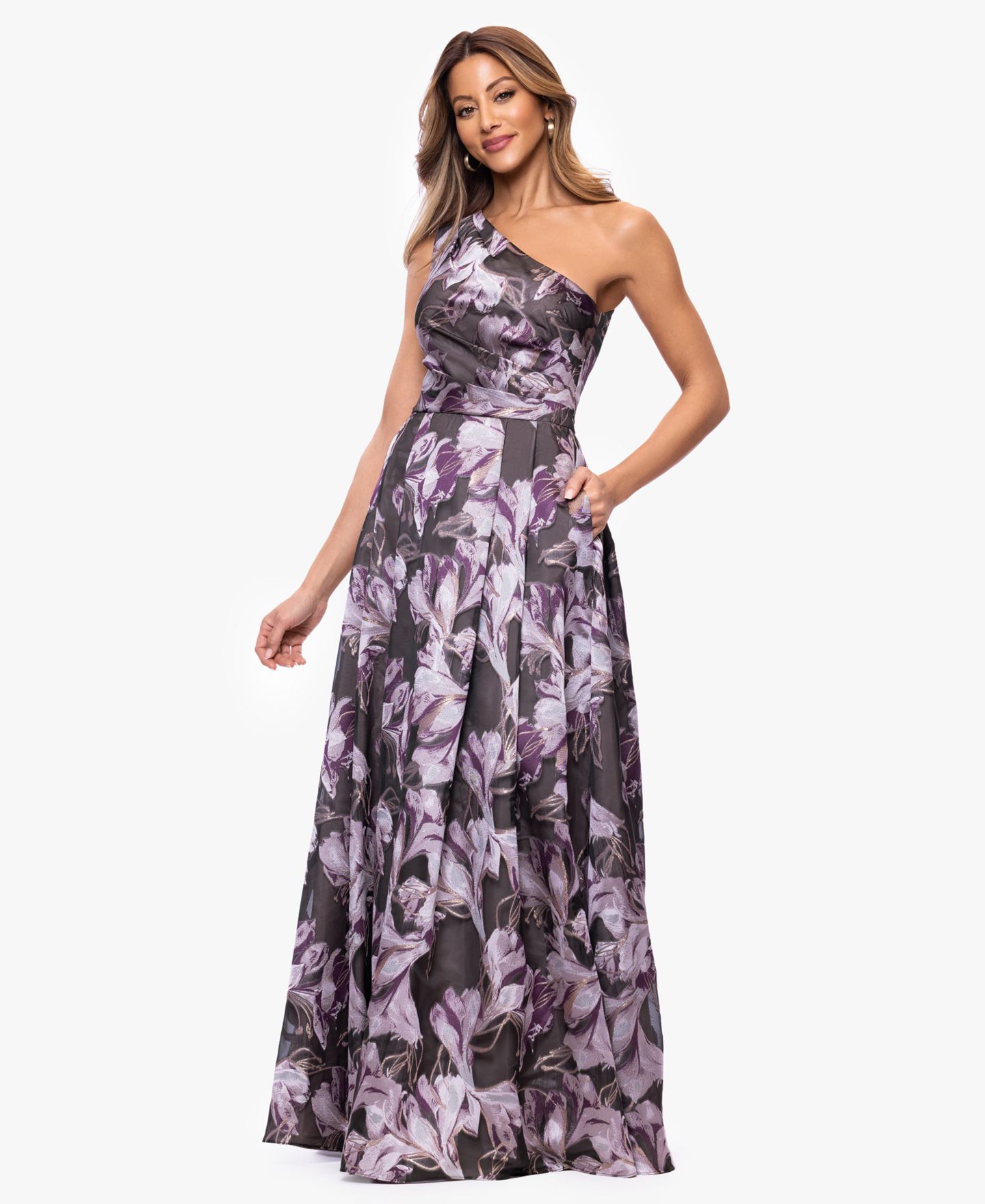 Женское платье XSCAPE One-Shoulder Printed Ball Gown, цвет: Чёрный сиреневый — фото 2