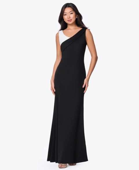 Женское платье B&A By Betsy and Adam Techno Scuba V-Neck Gown, цвет: Чёрный / Белый