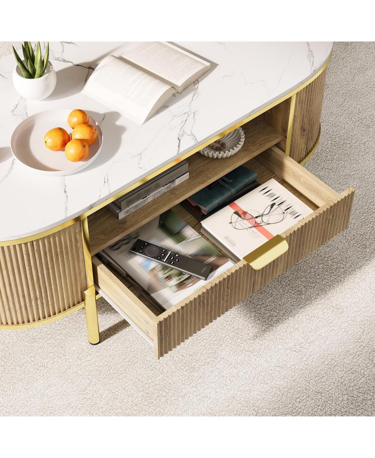 gaomon 48" Oval Coffee Table with Storage, Modern Luxury Coffee Table with Drawer and Faux Marble Top, Fluted Center Table with Curved Profile Design
