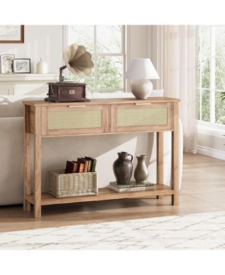 2Pcs Entryway Table with Drawers, Rattan Console Table with Storage, Boho Sofa Table for Living Room, 2 Tier Hallway Table Home