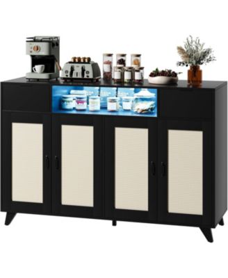 Power Outlet and LED Lights - 4 Door Accent Storage Cabinet, 2 Drawers Console Table with Adjustable Shelves