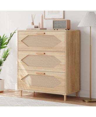 Dressers for Bedroom, 3 Drawer Rattan Dresser with Spacious Storage, Modern Wood Chest of Drawers, Rustic Oak Wooden Nightstand for Bedroom