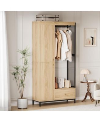 Modern Armoire Wardrobe Closet, Wood and Metal Frame Clothes Storage Organizer with Double Closed Doors, Open Hanging Rod, Bottom Drawer