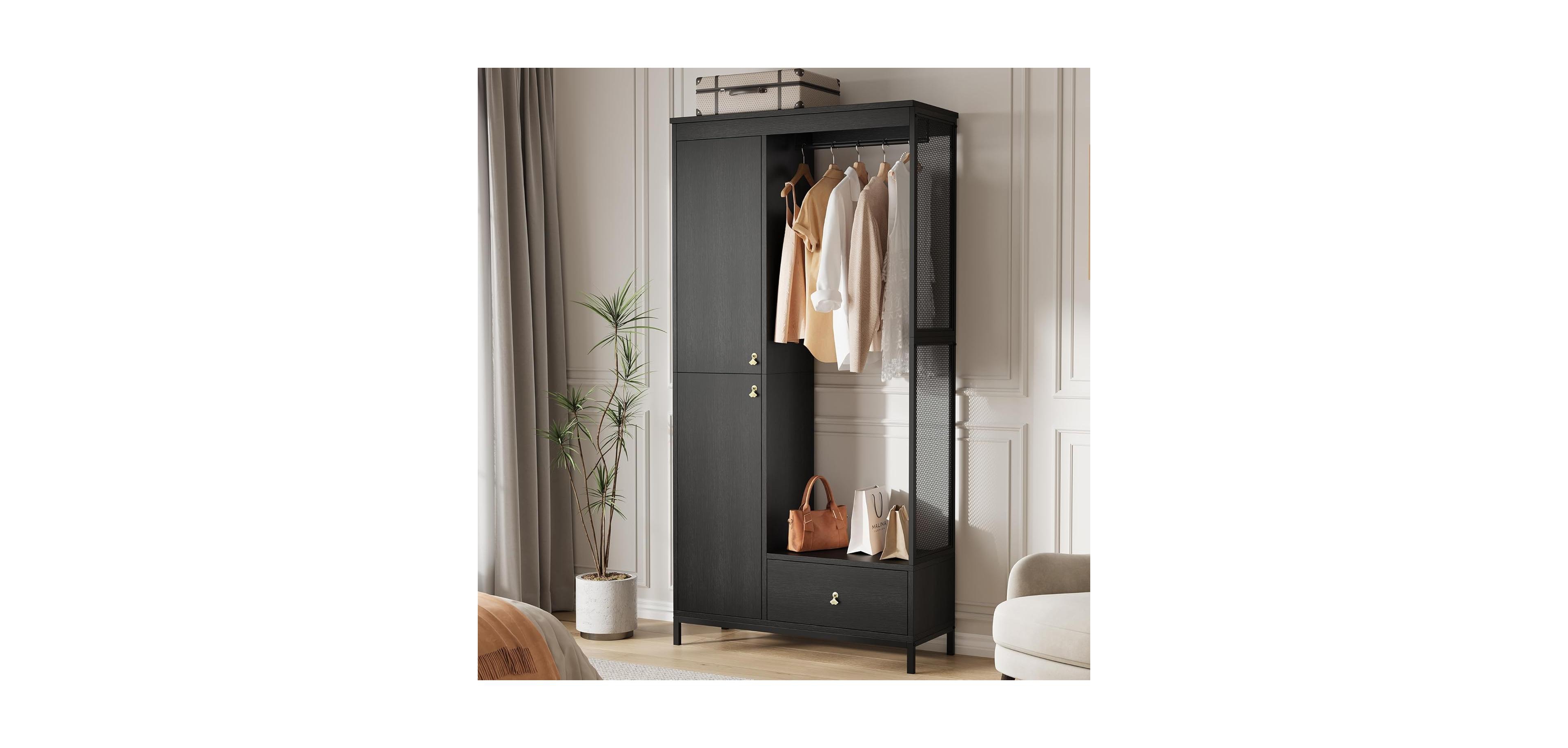 gaomon Modern Armoire Wardrobe Closet, Wood and Metal Frame Clothes Storage Organizer with Double Closed Doors, Open Hanging Rod